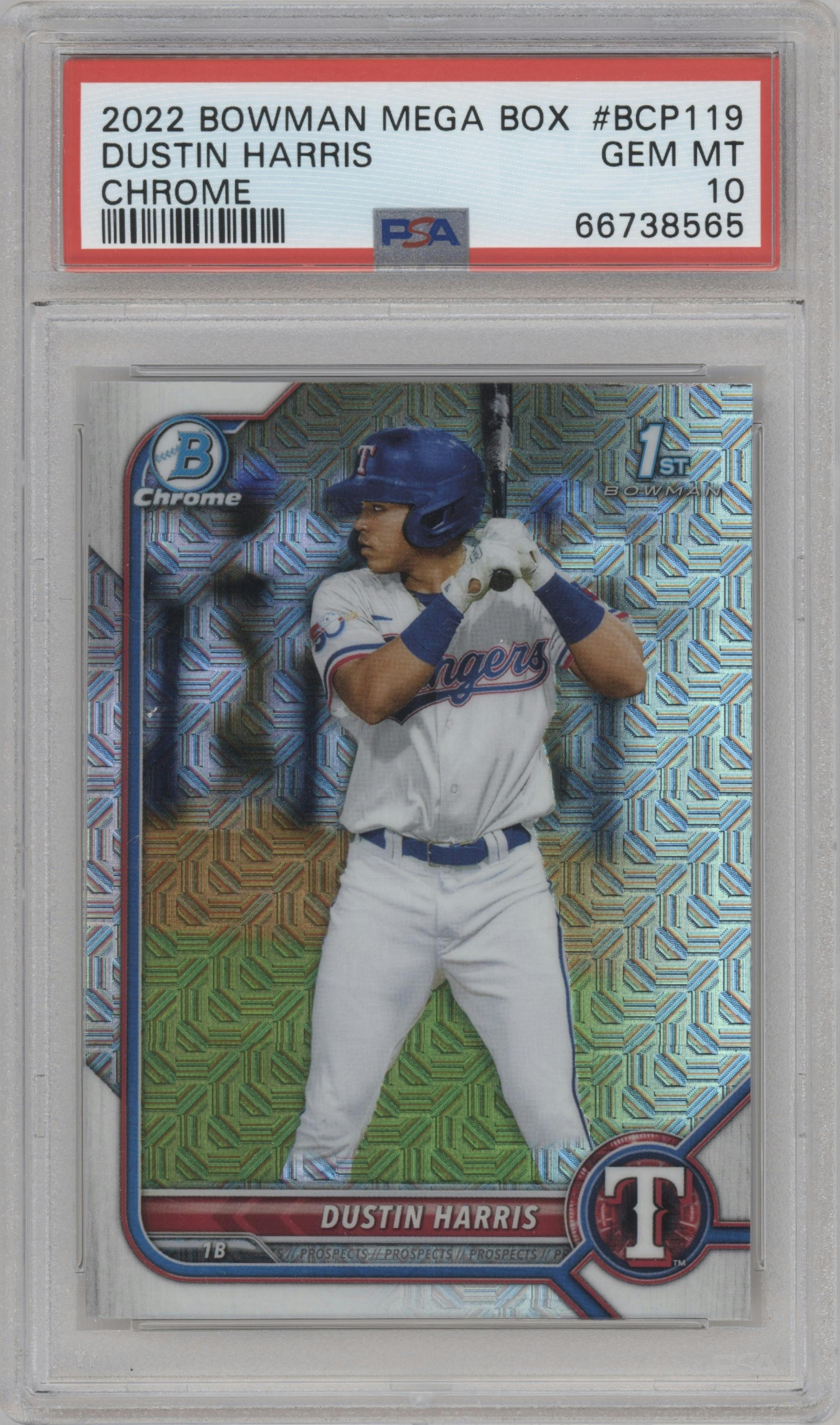 Dustin Harris from the 2022 Bowman Mega Box set graded by PSA and given an overall grade of 10.
