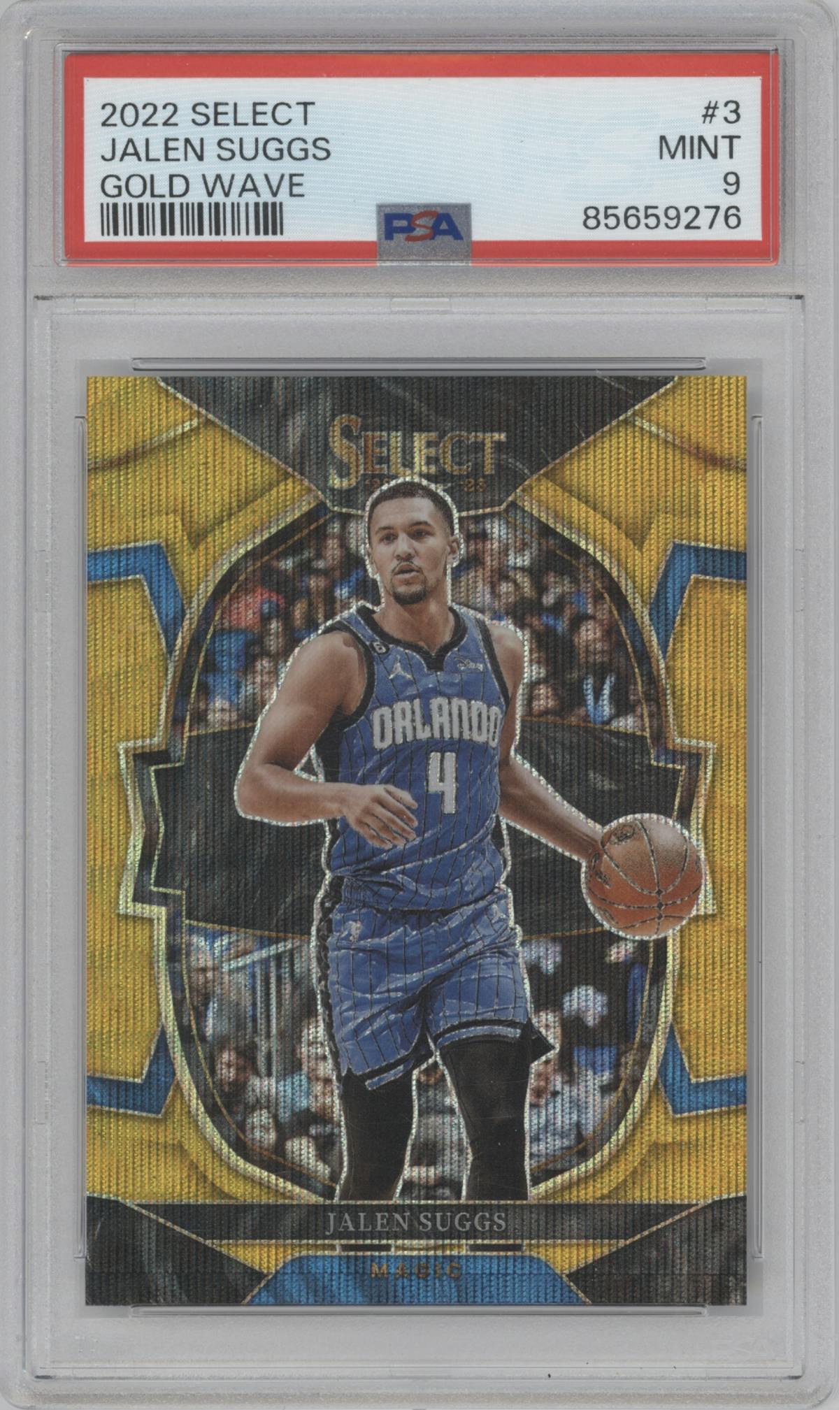 Jalen Suggs from the 2022-23 Panini Select set featuring a Gold Wave parallel graded by PSA and given an overall grade of 9.