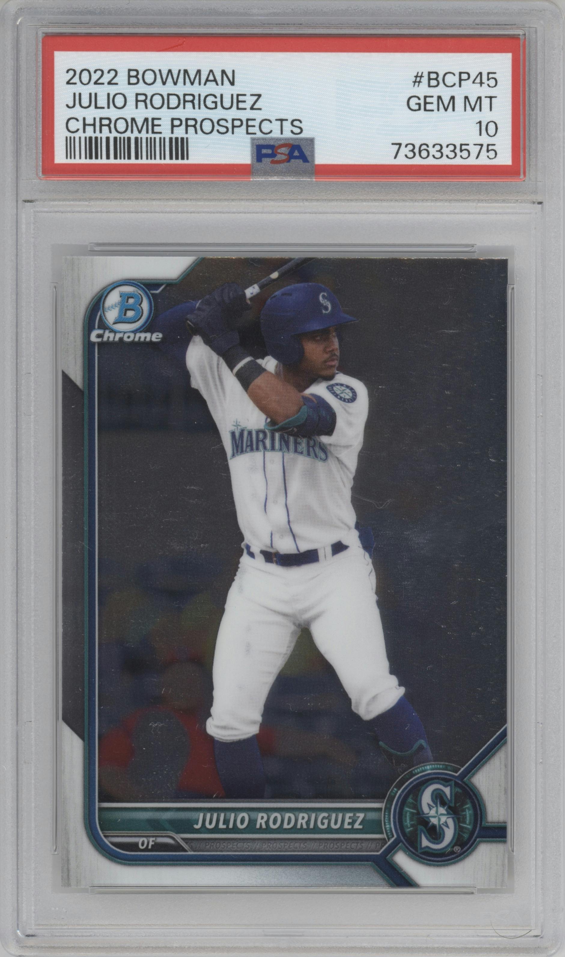 Julio Rodriguez from the 2022 Bowman set graded by PSA and given an overall grade of 10.