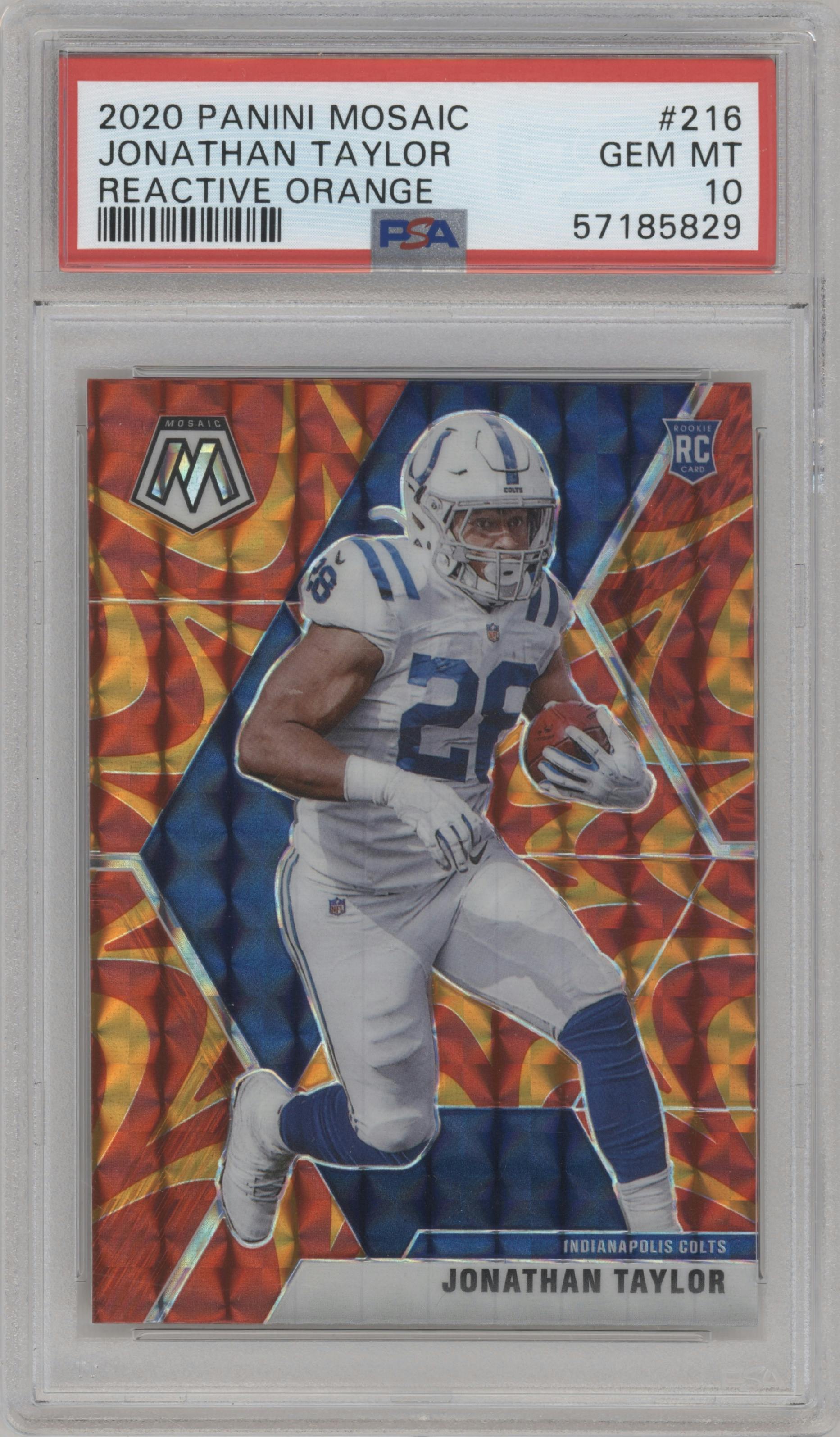 Jonathan Taylor from the 2020 Panini Mosaic set featuring a Reactive Orange parallel graded by PSA and given an overall grade of 10.
