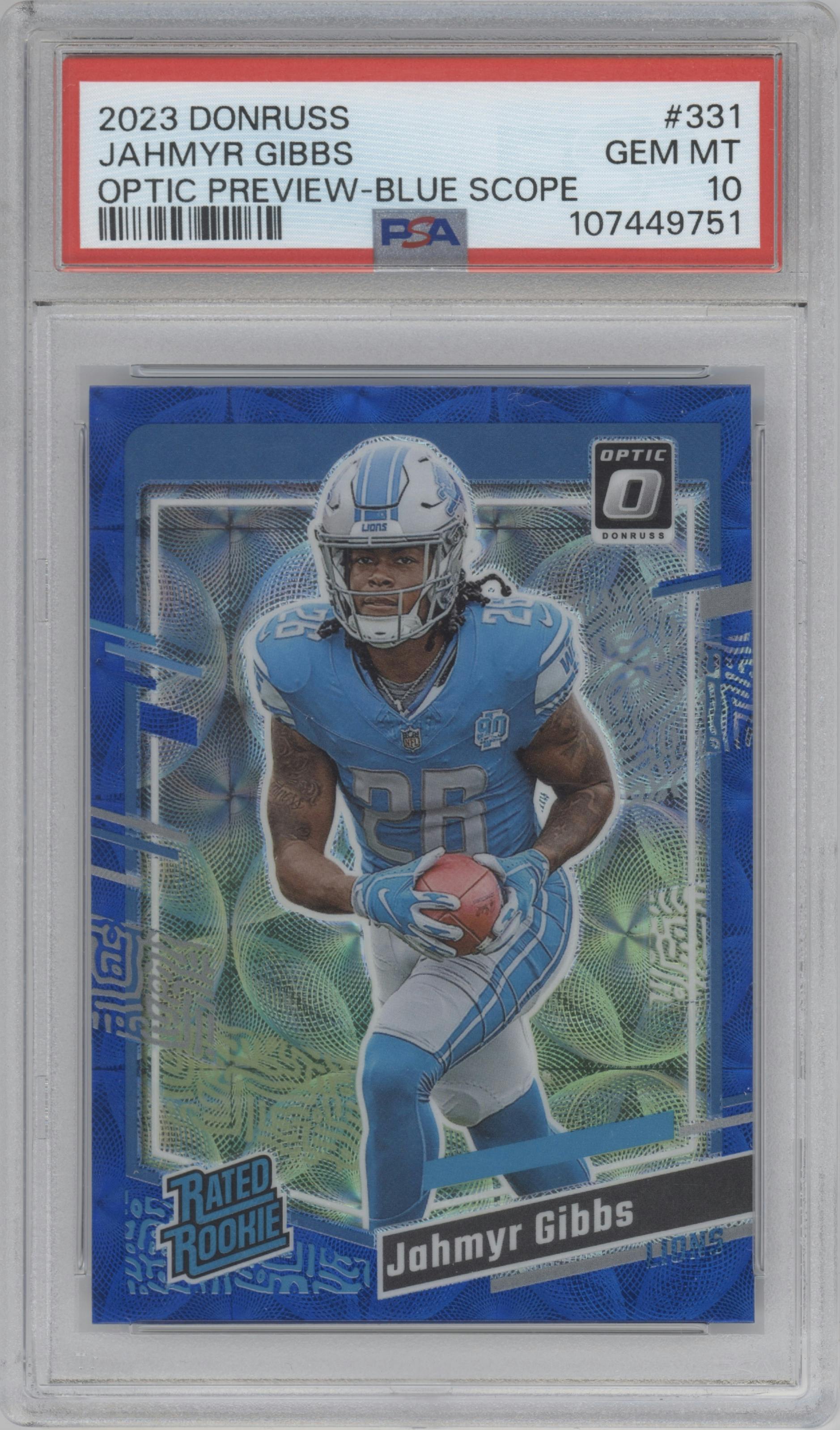 Jahmyr Gibbs from the 2023 Panini Donruss set featuring a Blue Scope parallel graded by PSA and given an overall grade of 10.