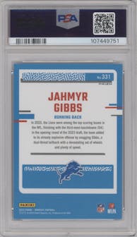 Jahmyr Gibbs from the 2023 Panini Donruss set featuring a Blue Scope parallel graded by PSA and given an overall grade of 10.