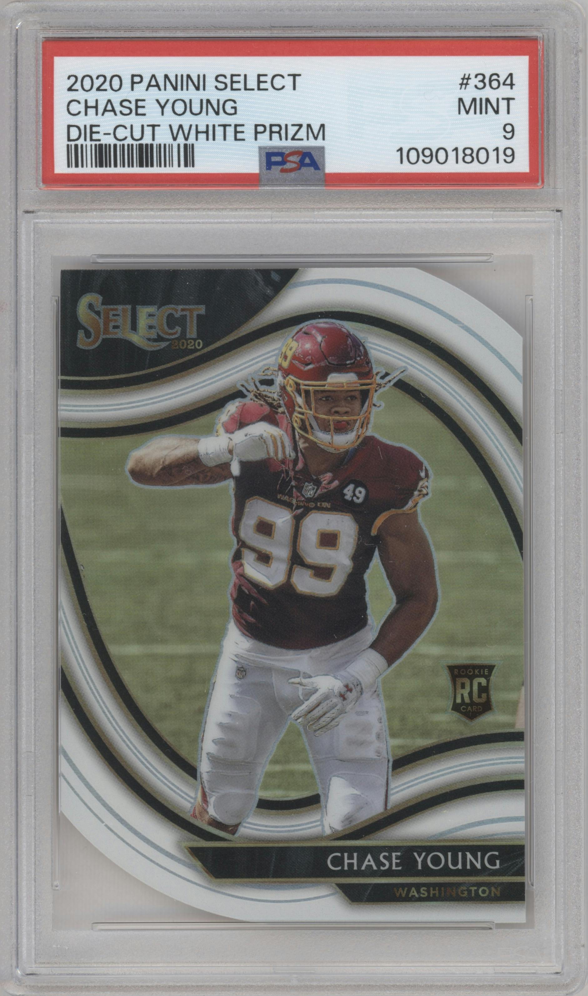 Chase Young from the 2020 Panini Select set featuring a Die-Cut White parallel graded by PSA and given an overall grade of 9.