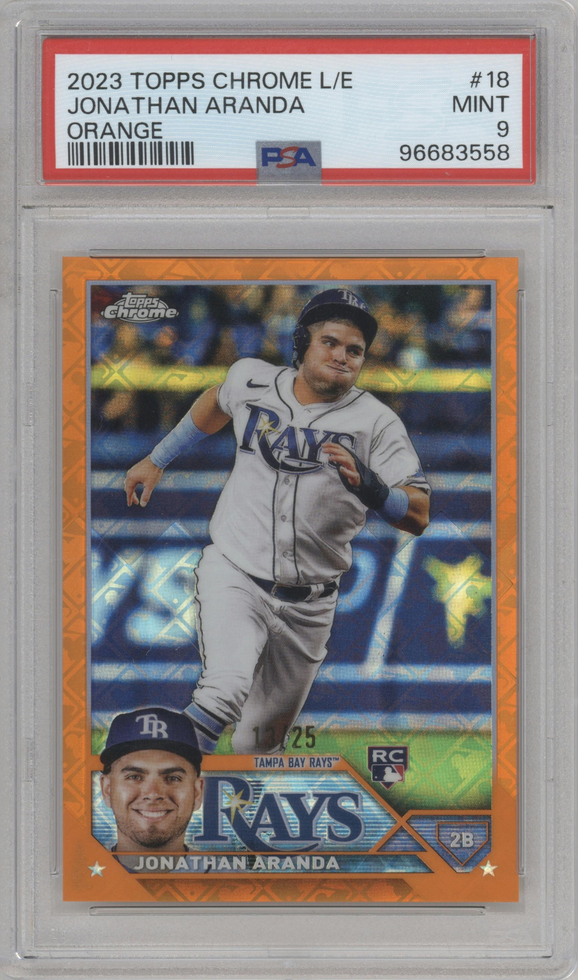 Jonathan Aranda from the 2023 Topps Chrome Logofractor Edition set featuring a Orange Refractor parallel graded by PSA and given an overall grade of 9.