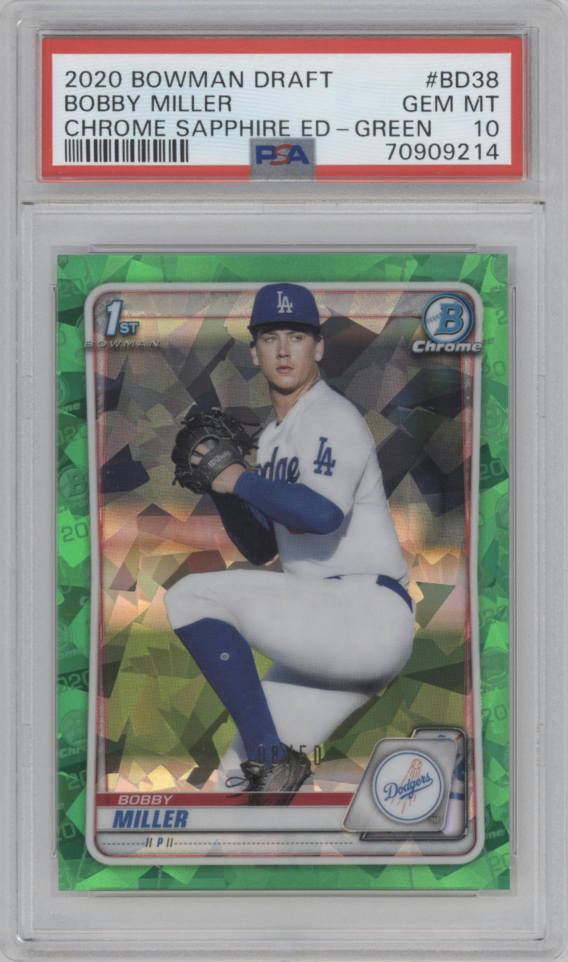 Bobby Miller from the 2020 Bowman Draft Sapphire set featuring a Green parallel graded by PSA and given an overall grade of 10.
