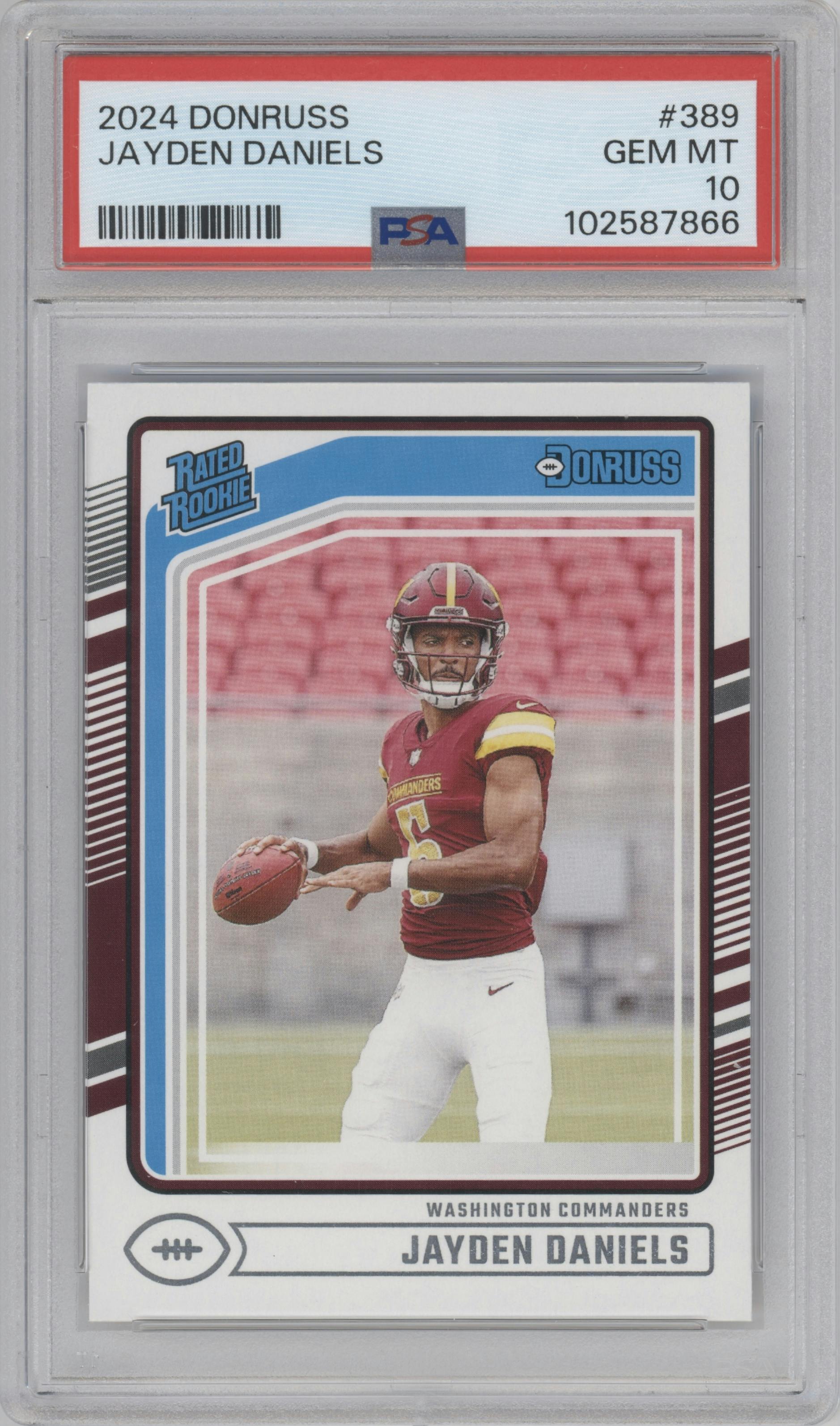 Jayden Daniels from the 2024 Donruss set graded by PSA and given an overall grade of 10.