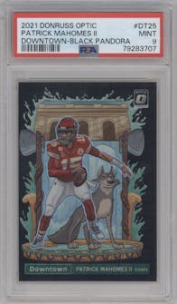 Patrick Mahomes II from the 2021 Panini Donruss Optic set featuring a Black Pandora parallel graded by PSA and given an overall grade of 9.