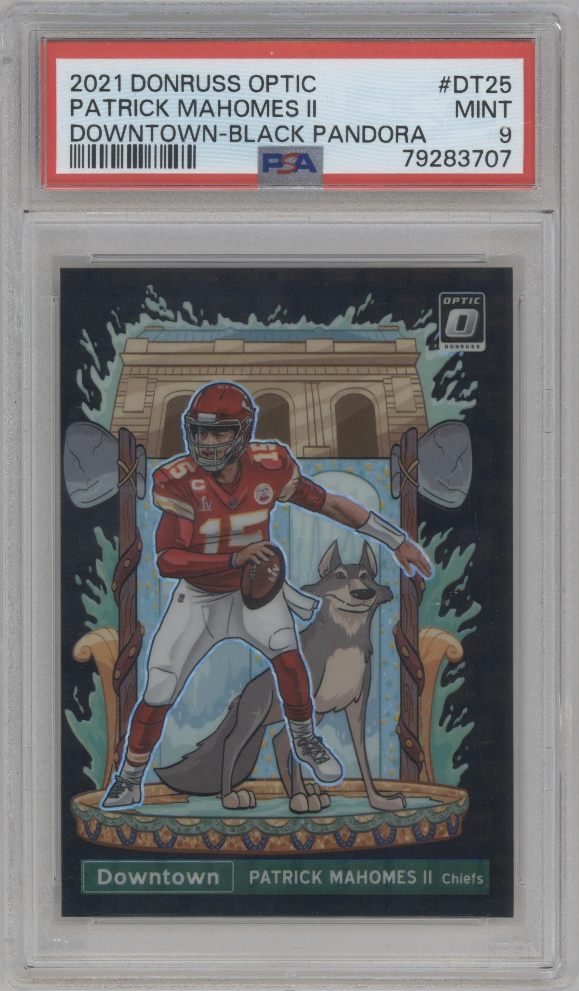 Patrick Mahomes II from the 2021 Panini Donruss Optic set featuring a Black Pandora parallel graded by PSA and given an overall grade of 9.