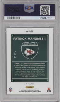 Patrick Mahomes II from the 2021 Panini Donruss Optic set featuring a Black Pandora parallel graded by PSA and given an overall grade of 9.