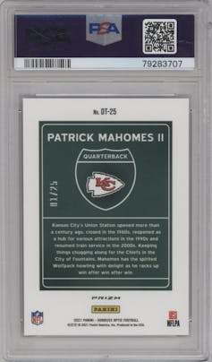 Patrick Mahomes II from the 2021 Panini Donruss Optic set featuring a Black Pandora parallel graded by PSA and given an overall grade of 9.
