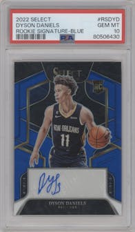 Dyson Daniels from the 2022-23 Panini Select set featuring a Blue Prizm parallel graded by PSA and given an overall grade of 10.