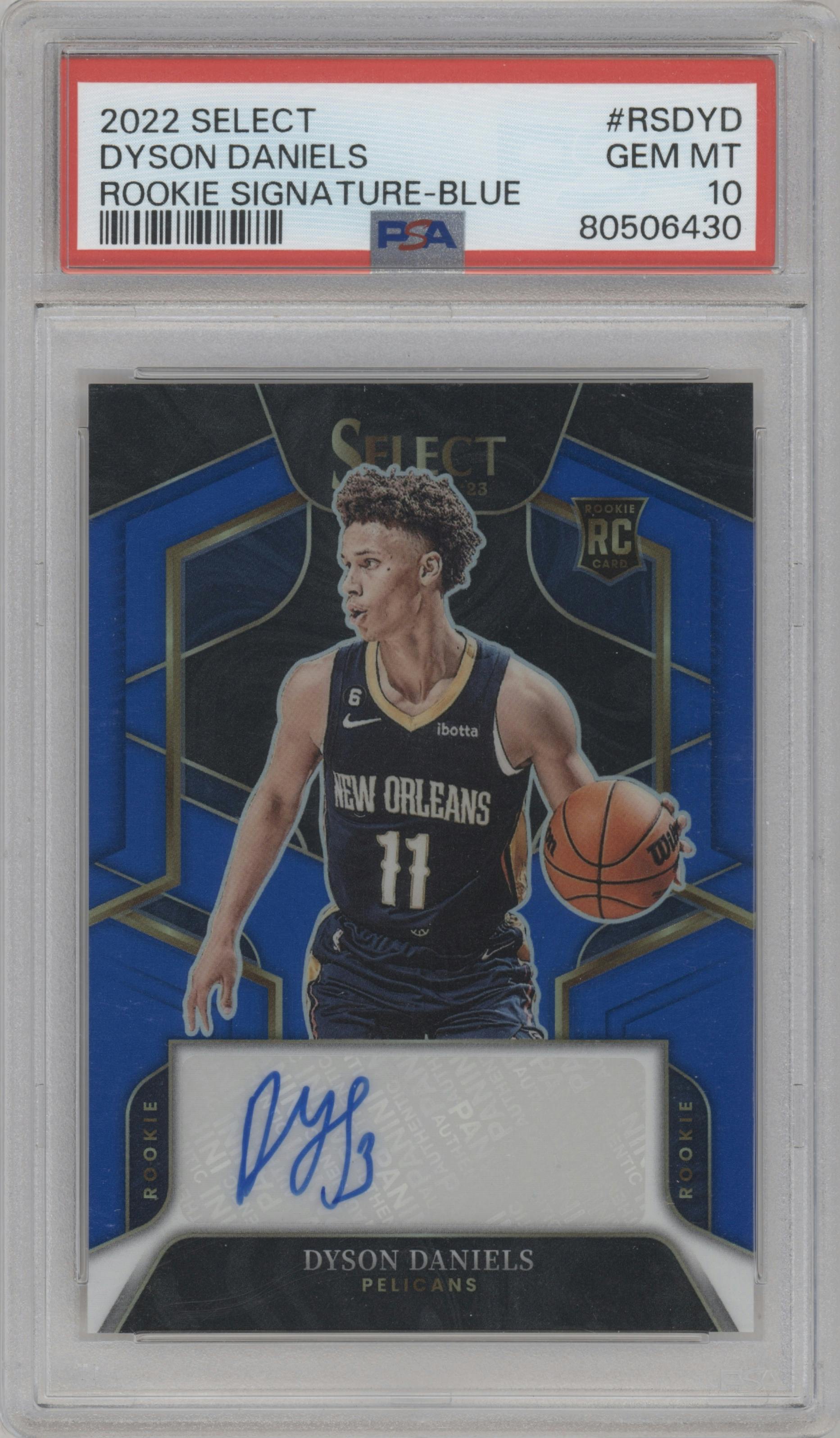 Dyson Daniels from the 2022-23 Panini Select set featuring a Blue Prizm parallel graded by PSA and given an overall grade of 10.