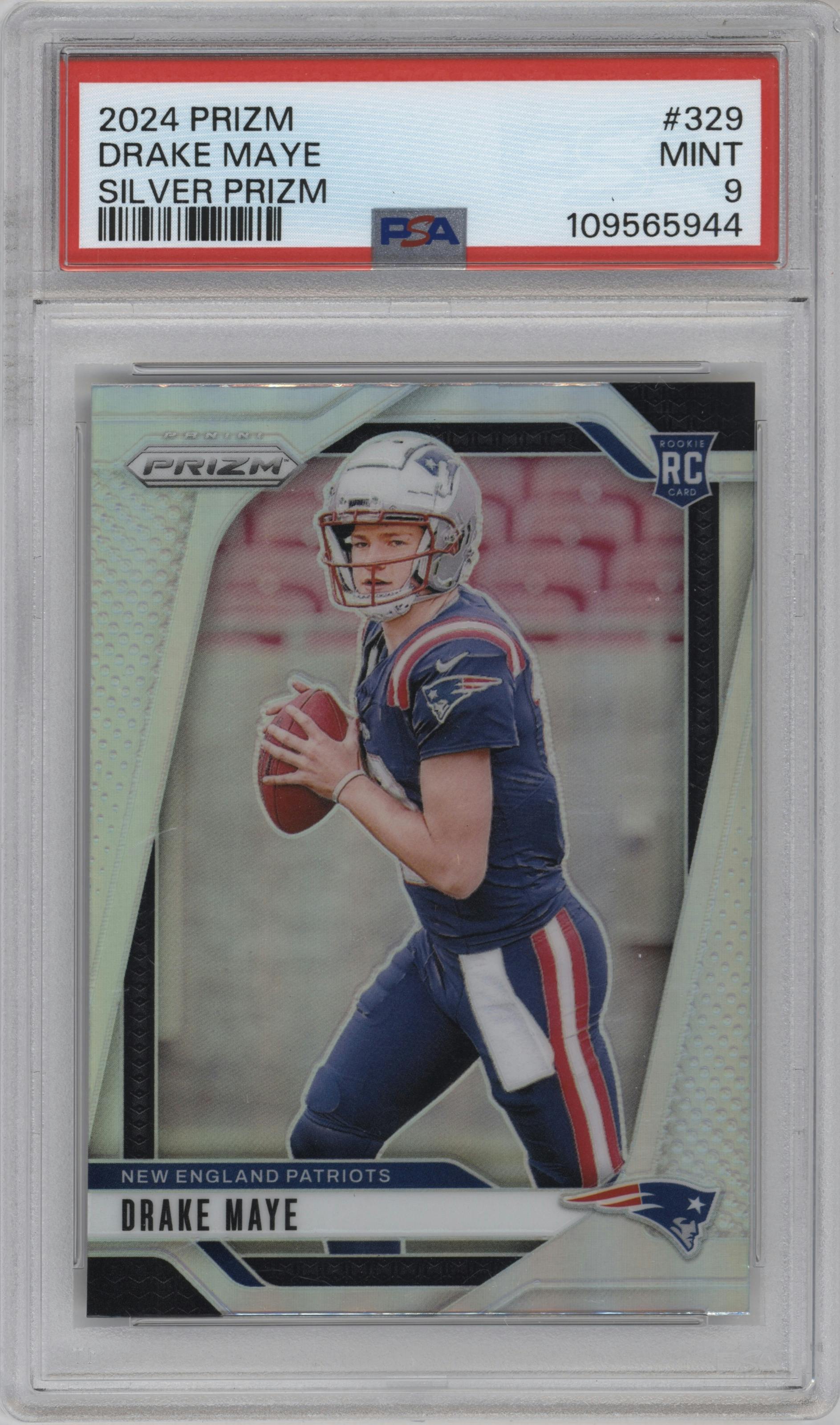 Drake Maye from the 2024 Panini Prizm set featuring a Silver Prizm parallel graded by PSA and given an overall grade of 9.