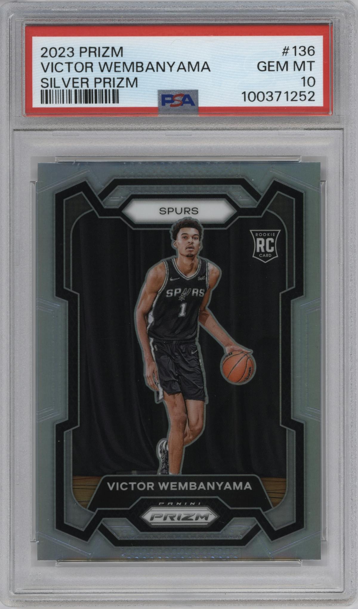 Victor Wembanyama from the 2023-24 Panini Prizm set featuring a Silver Prizm  parallel graded by PSA and given an overall grade of 10.