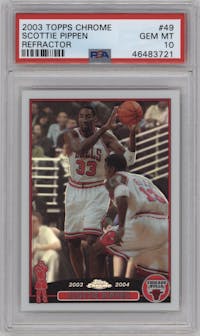 Scottie Pippen from the 2003-04 Topps Chrome set featuring a Refractor parallel graded by PSA and given an overall grade of 10.