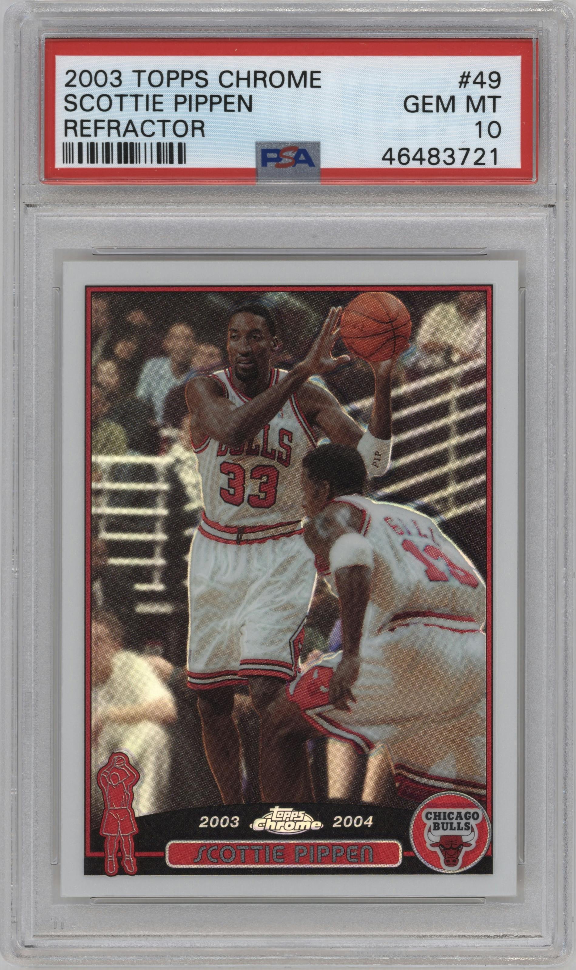 Scottie Pippen from the 2003-04 Topps Chrome set featuring a Refractor parallel graded by PSA and given an overall grade of 10.