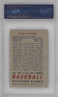 Casey Stengel from the 1951 Bowman set graded by PSA and given an overall grade of 4.