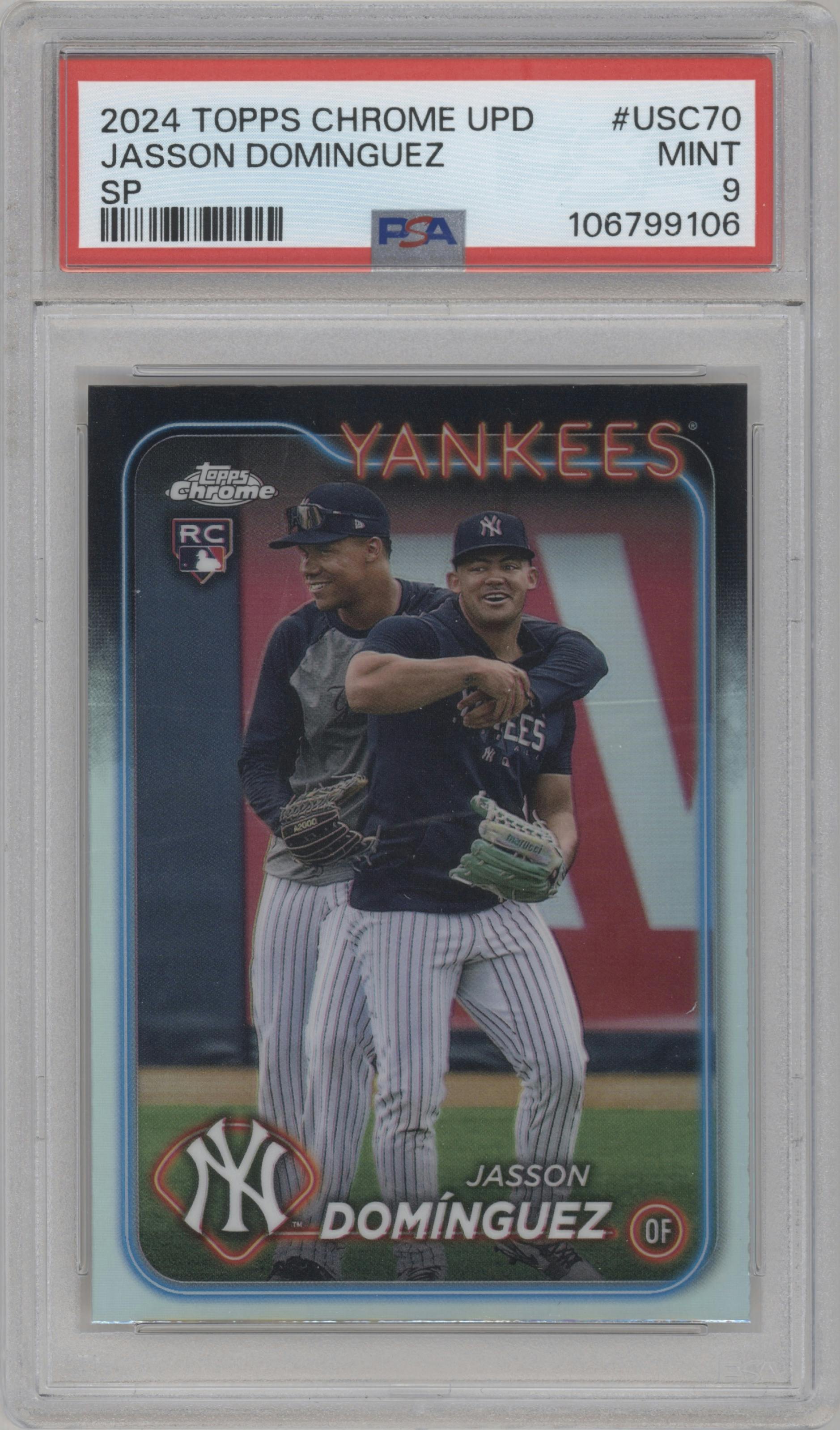 Jasson Dominguez from the 2024 Topps Chrome Update set graded by PSA and given an overall grade of 9.