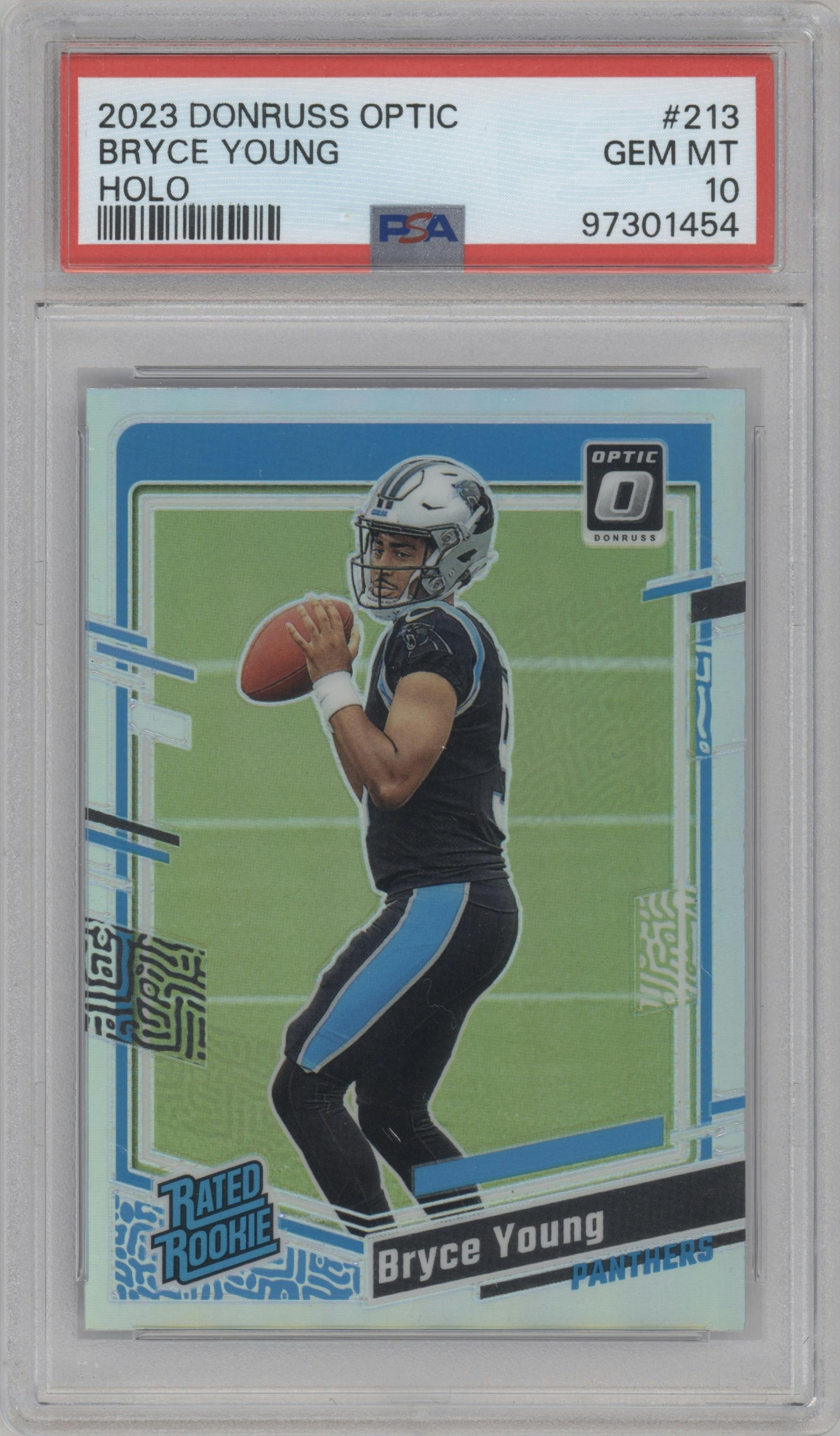 Bryce Young from the 2023 Donruss Optic set featuring a Holo parallel graded by PSA and given an overall grade of 10.
