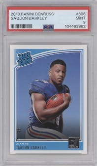 Saquon Barkley from the 2018 Panini Donruss set graded by PSA and given an overall grade of 9.