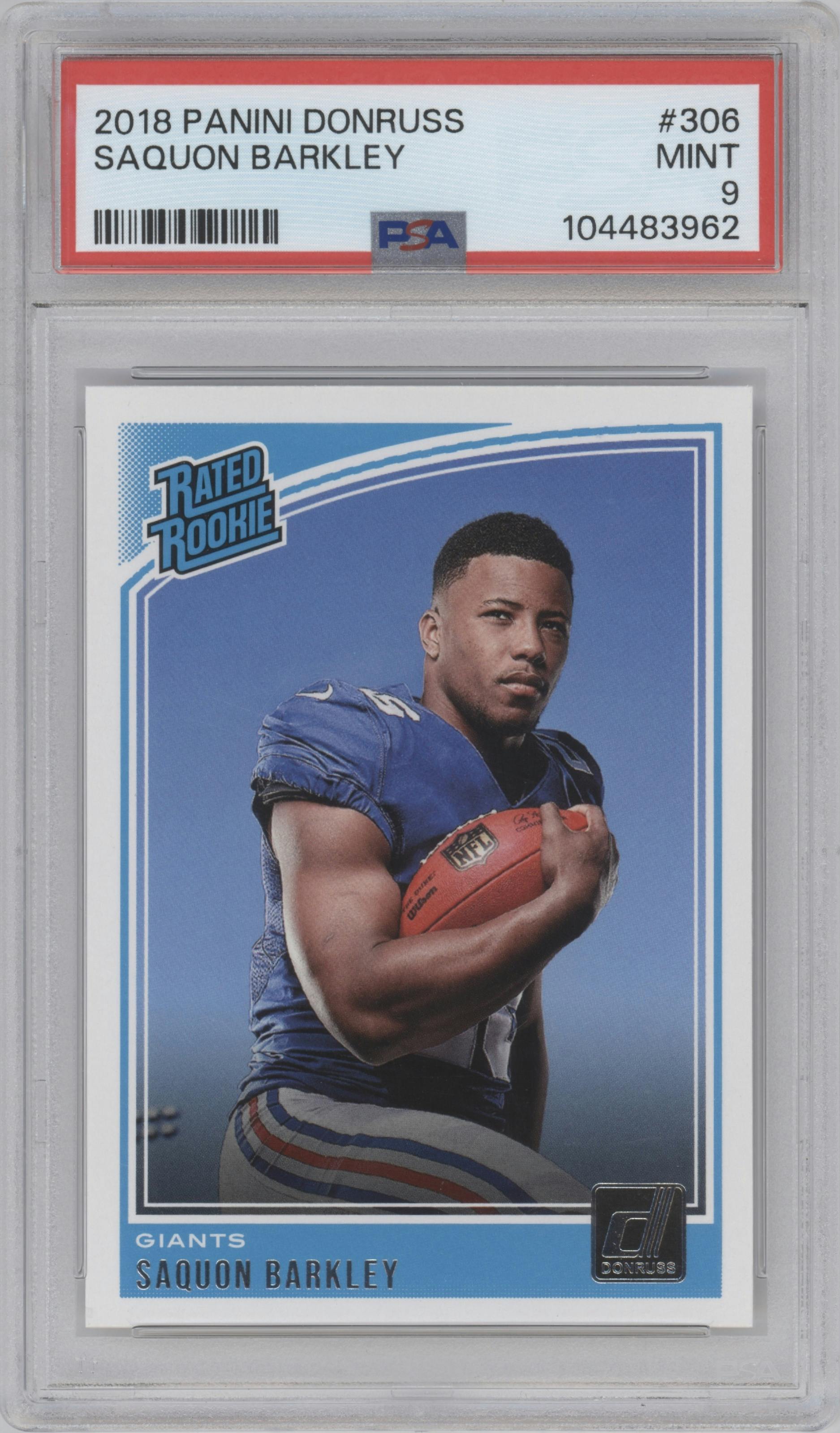 Saquon Barkley from the 2018 Panini Donruss set graded by PSA and given an overall grade of 9.