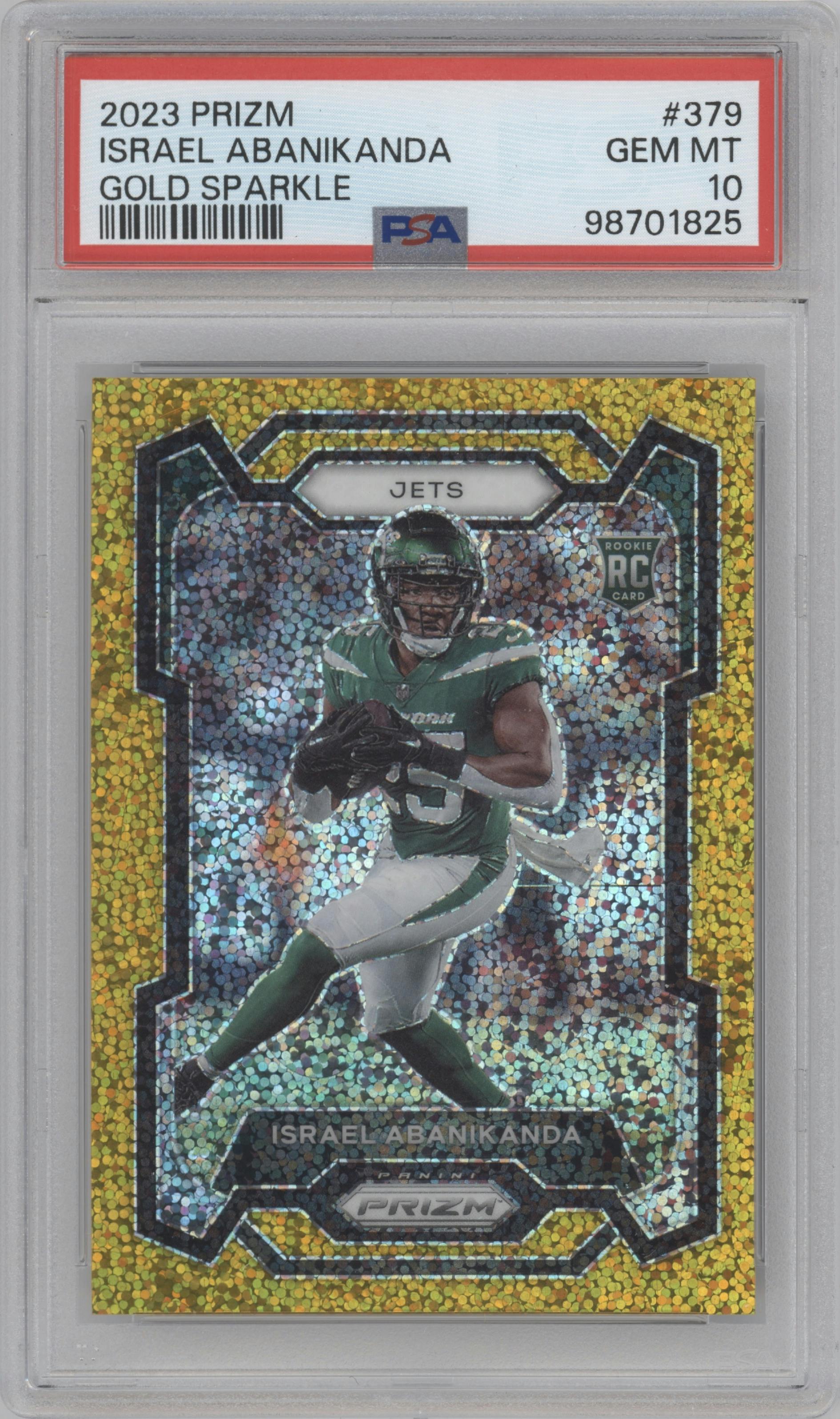 Israel Abanikanda from the 2023 Panini Prizm set featuring a Gold Sparkle parallel graded by PSA and given an overall grade of 10.