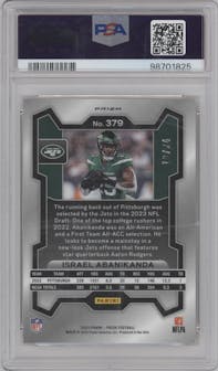 Israel Abanikanda from the 2023 Panini Prizm set featuring a Gold Sparkle parallel graded by PSA and given an overall grade of 10.