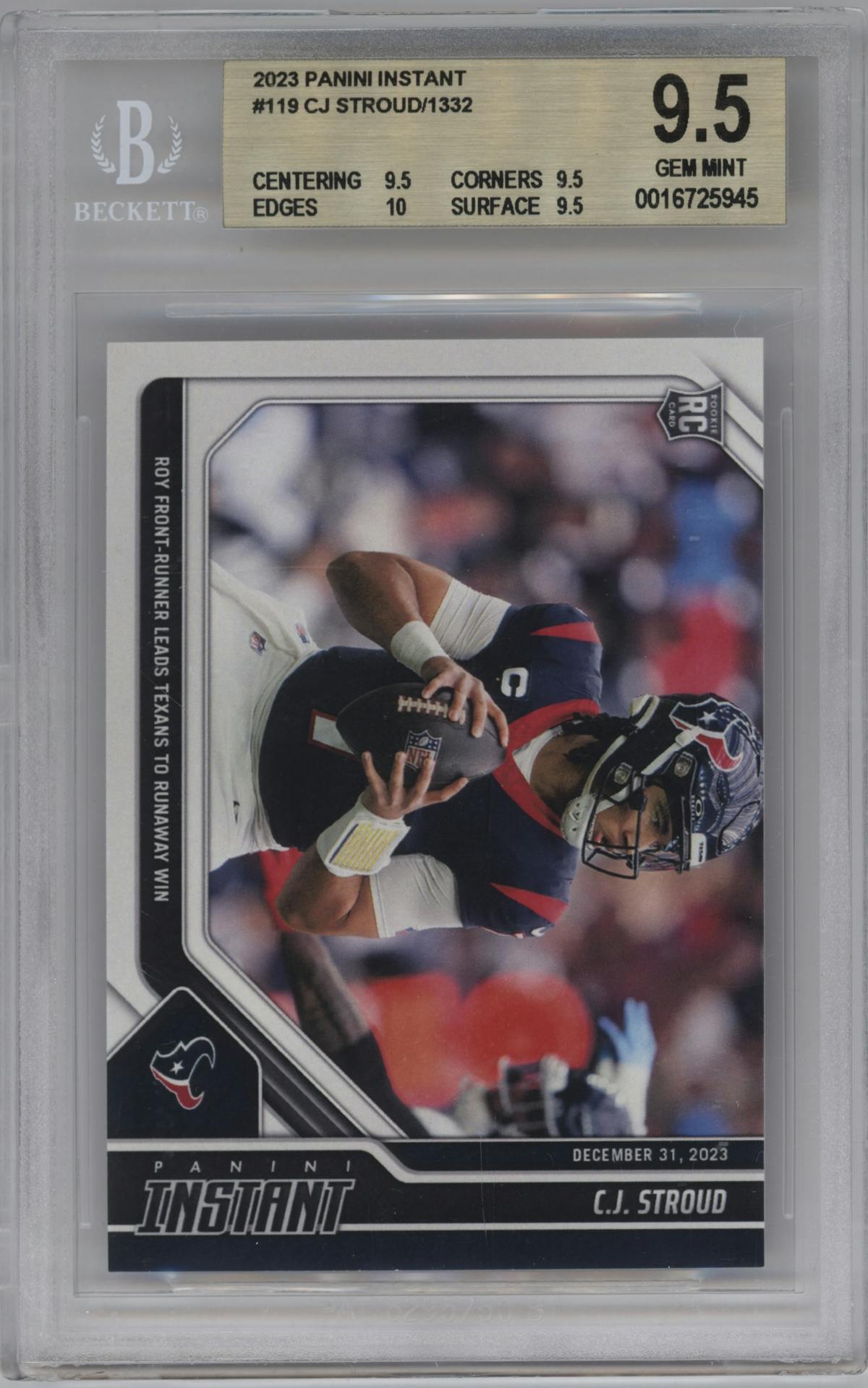  C.J. Stroud from the 2023 Panini Instant NFL set graded by Beckett and given an overall grade of 9.5.