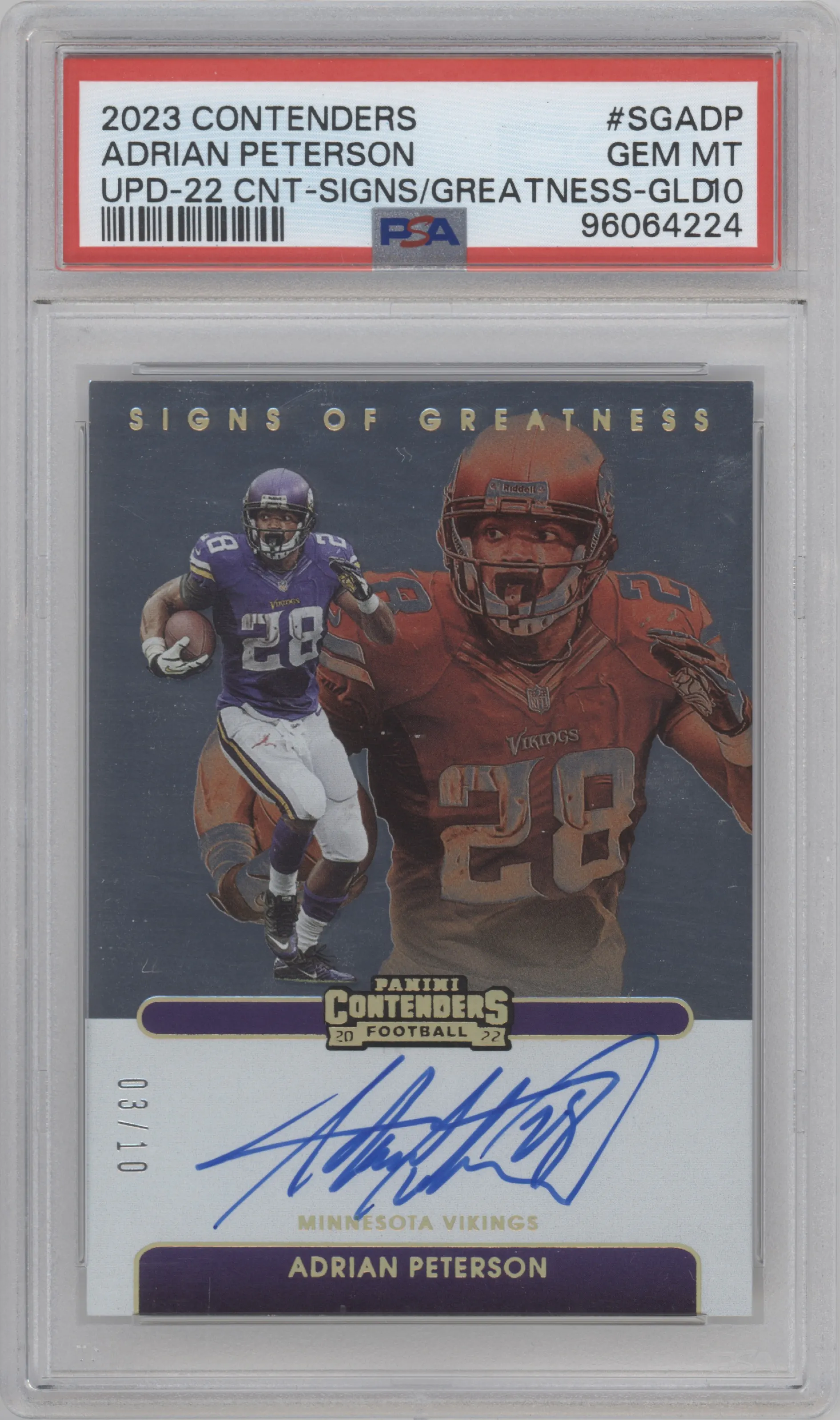 2023 Panini Contenders '22 Signs of Greatness Adrian Peterson Gold #SG-ADP PSA 10