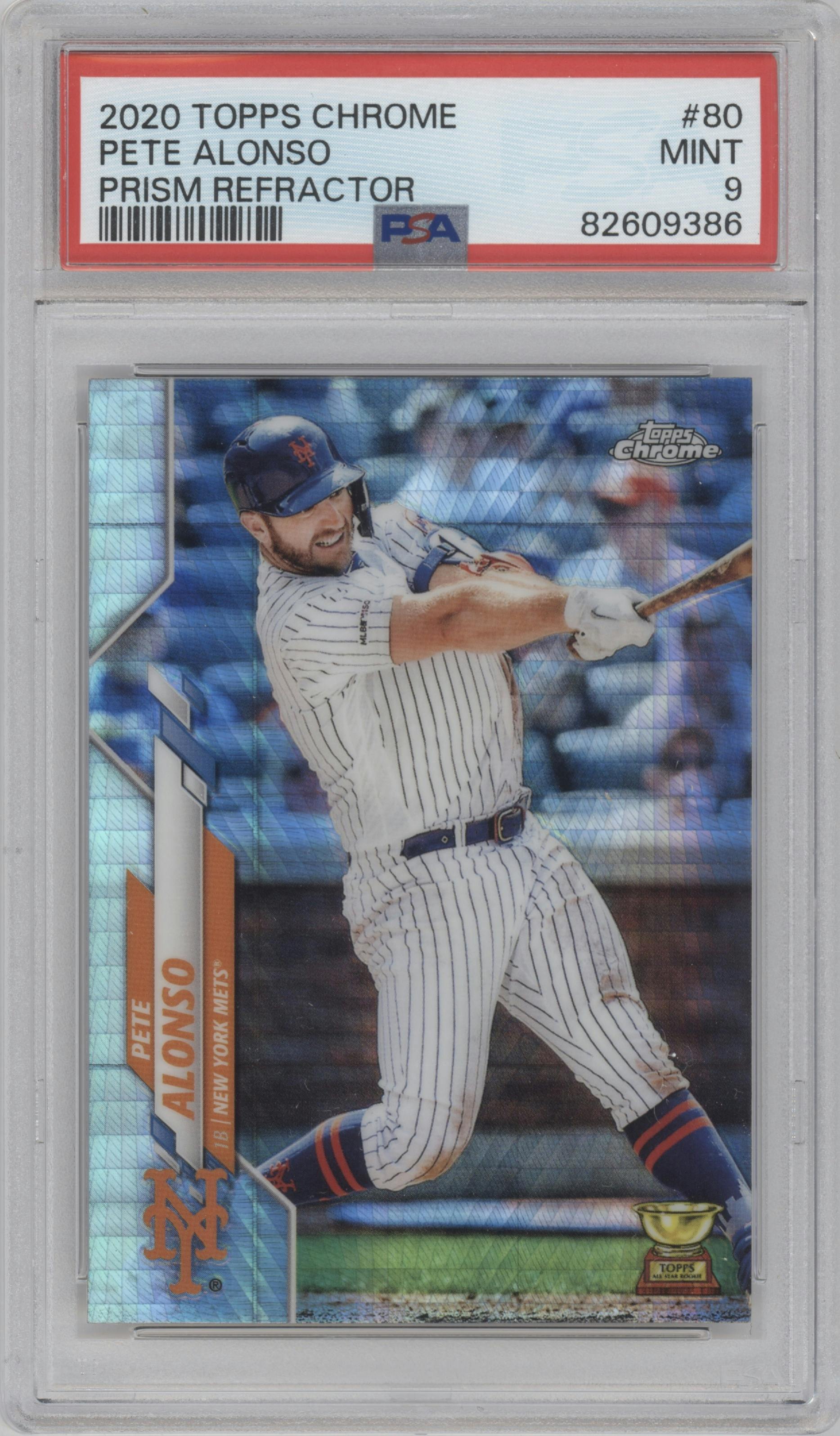 Pete Alonso from the 2020 Topps Chrome set featuring a Prism Refractor parallel graded by PSA and given an overall grade of 9.