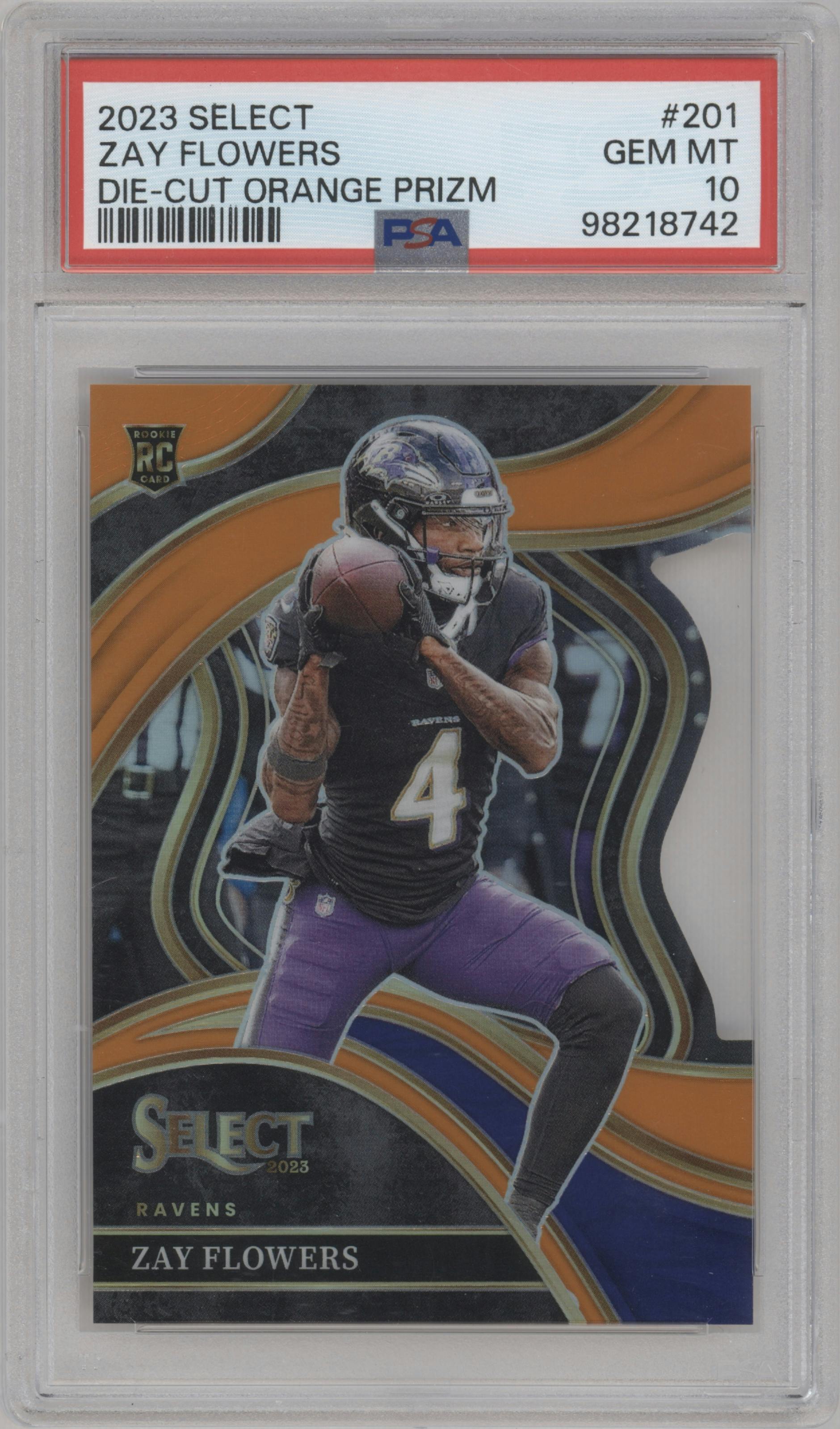 Zay Flowers from the 2023 Panini Select set featuring a  Die-Cut Orange parallel graded by PSA and given an overall grade of 10.