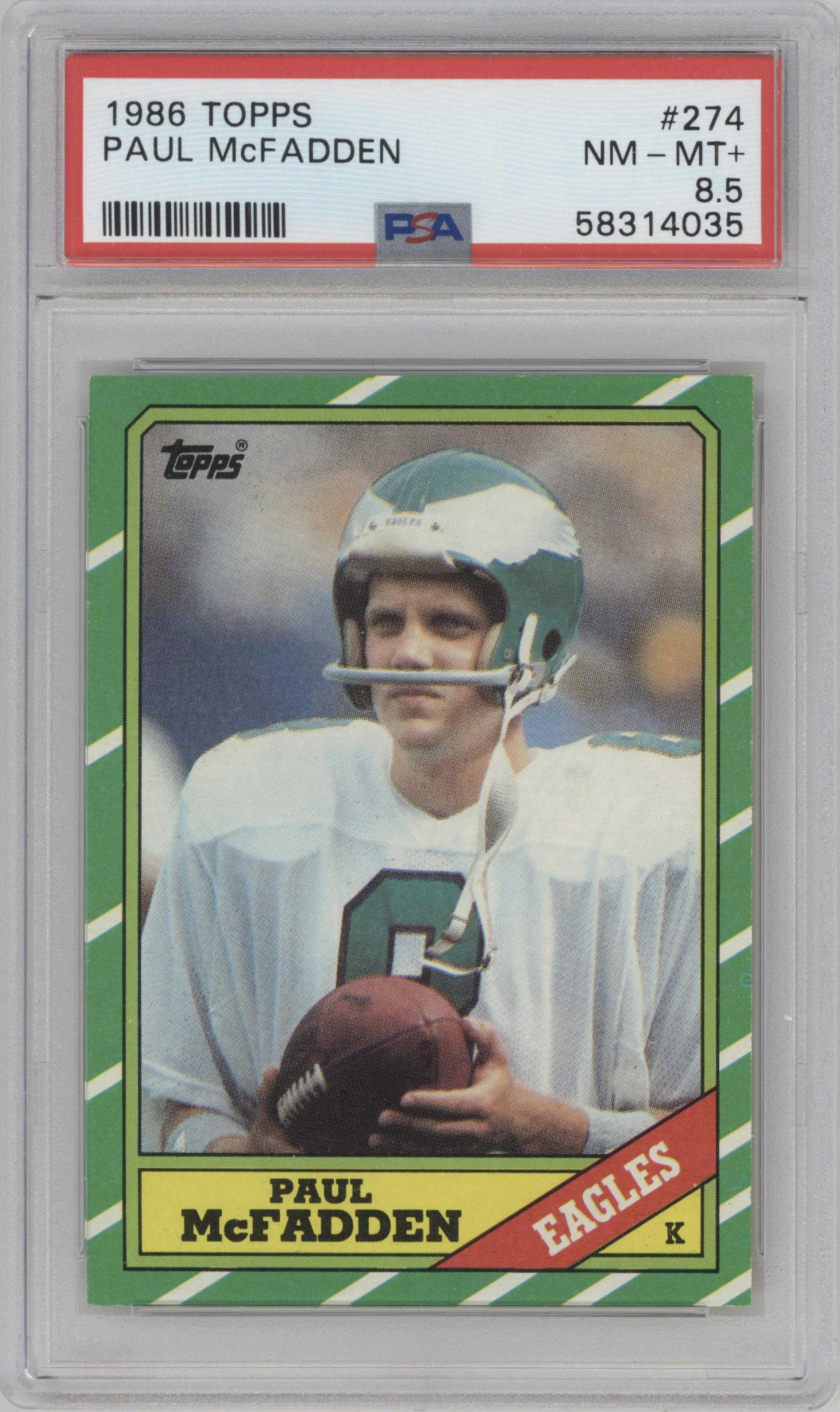 Paul McFadden from the 1986 Topps set graded by PSA and given an overall grade of 8.5.