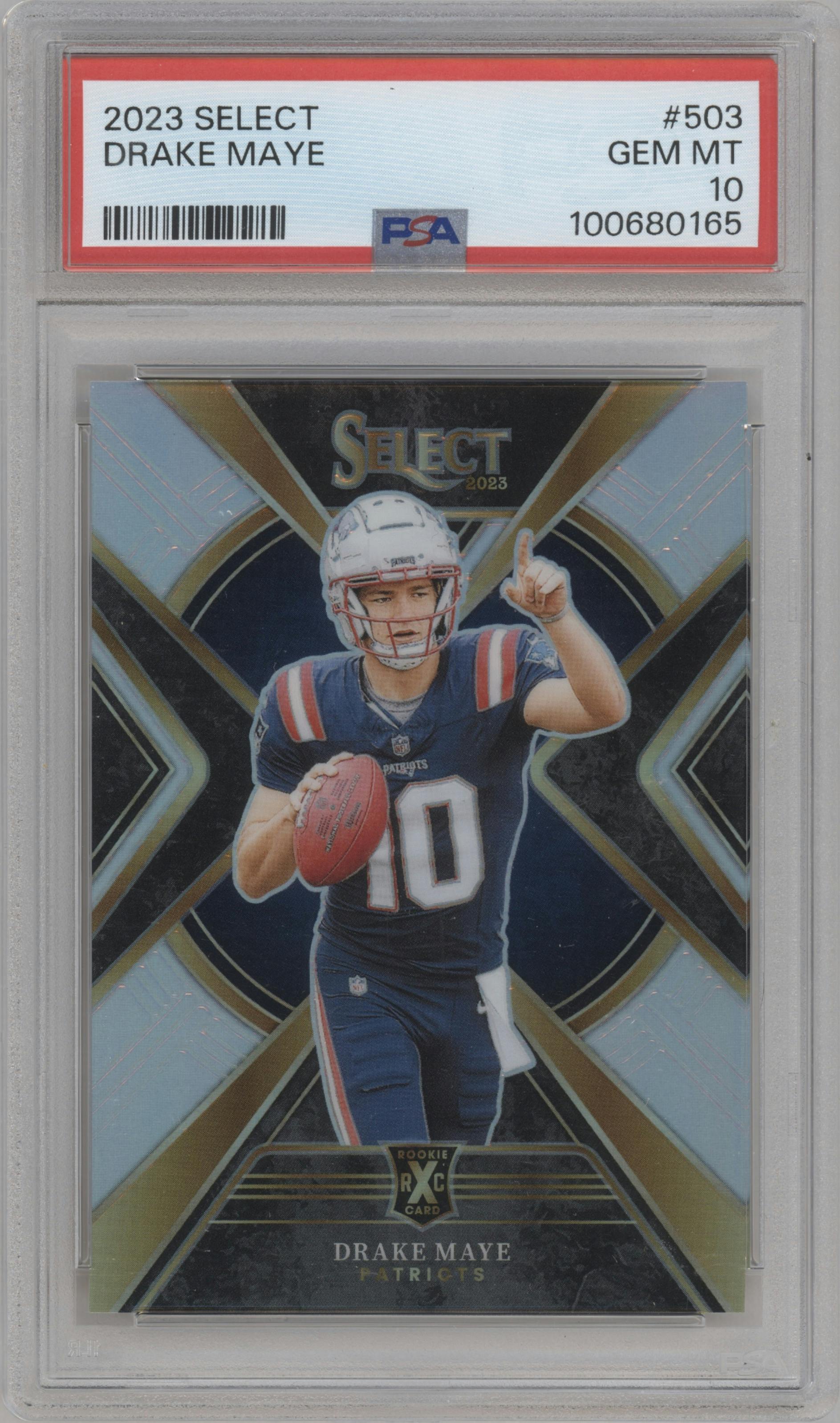 Drake Maye from the 2023 Panini Select set graded by PSA and given an overall grade of 10.