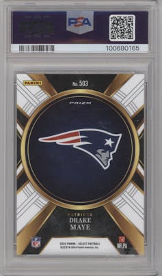 Drake Maye from the 2023 Panini Select set graded by PSA and given an overall grade of 10.