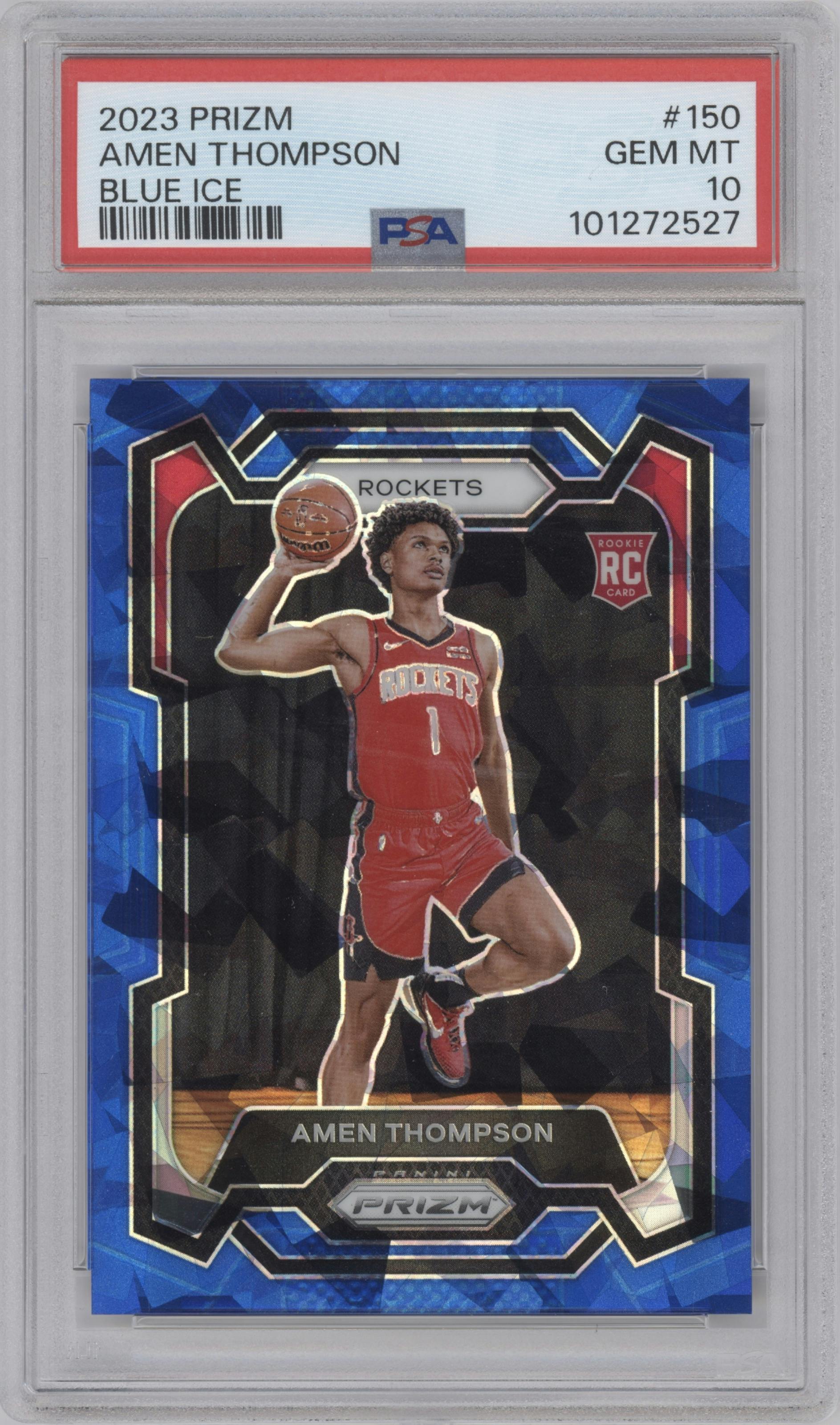 Amen Thompson from the 2023-24 Panini Prizm set featuring a Blue Ice parallel graded by PSA and given an overall grade of 10.