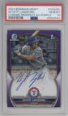 Wyatt Langford from the 2023 Bowman Draft set featuring a Purple Refractor parallel graded by PSA and given an overall grade of 10.