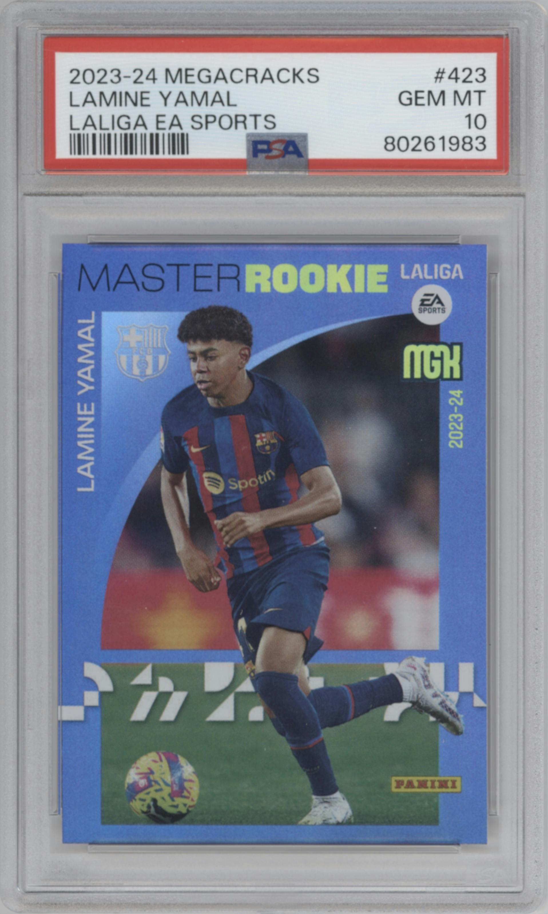 Lamine Yamal  from the 2023-24 Panini Megacracks LaLiga EA Sports set graded by PSA and given an overall grade of 10.