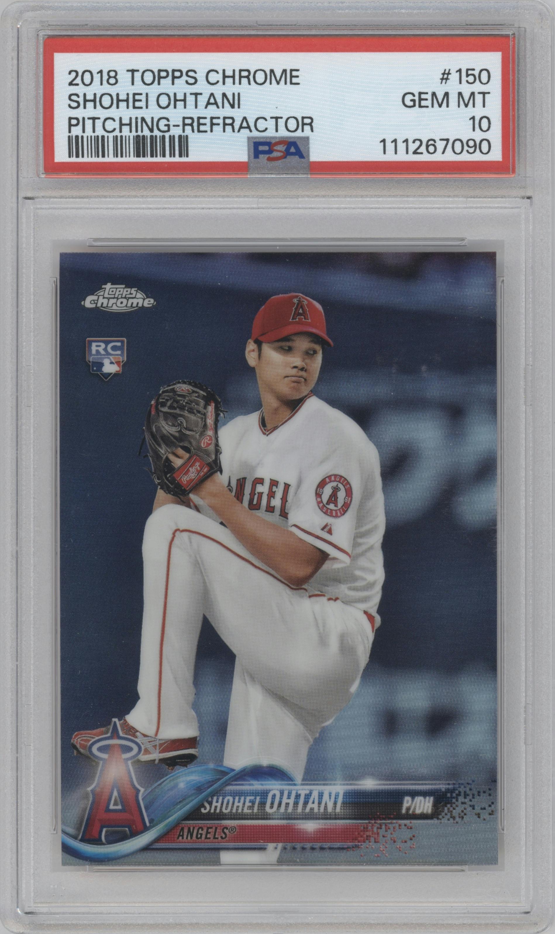 Shohei Ohtani from the 2018 Topps Chrome set featuring a Refractor   parallel graded by PSA and given an overall grade of 10.