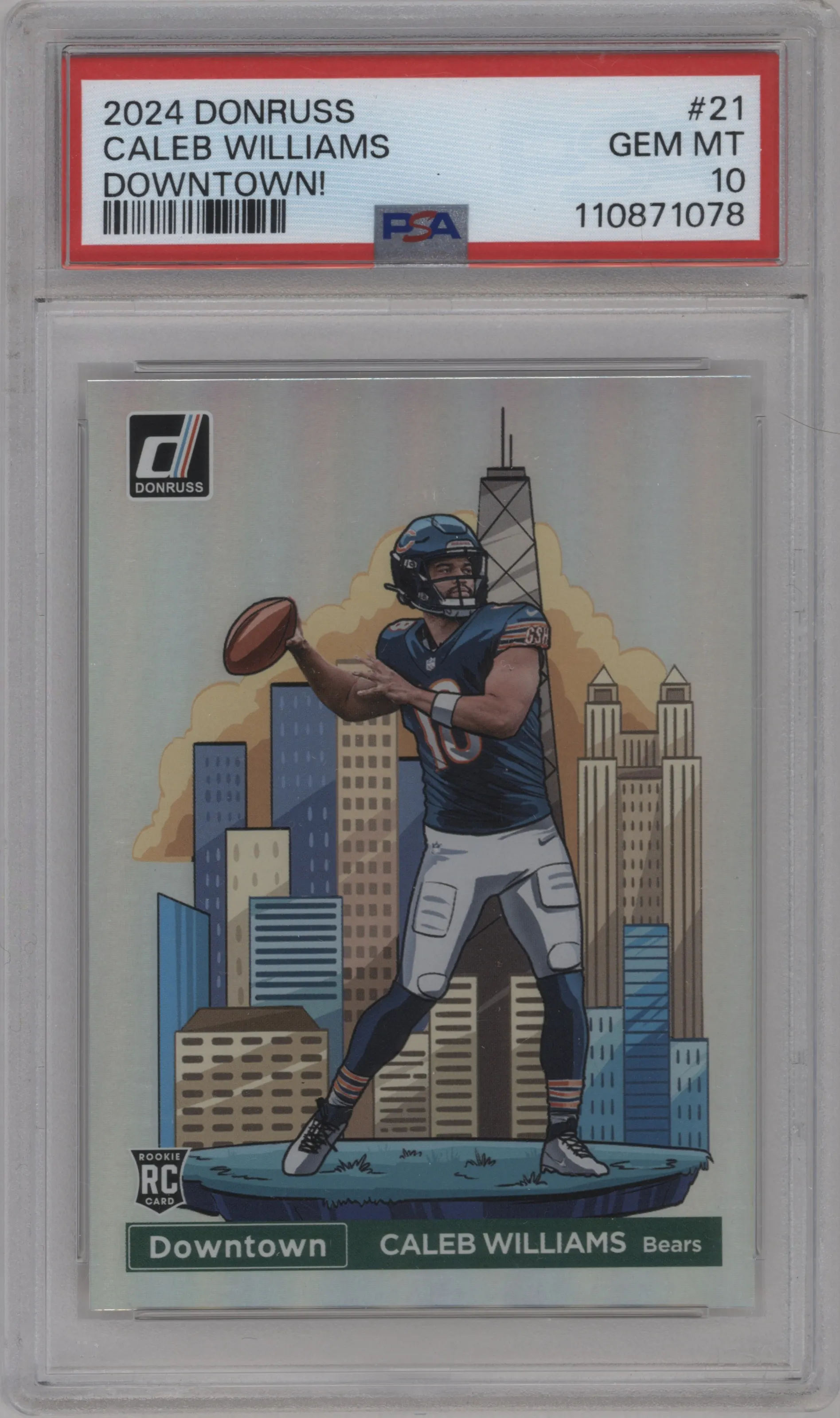 Caleb Williams from the 2024 Donruss set graded by PSA and given an overall grade of 10.