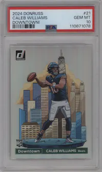 Caleb Williams from the 2024 Donruss set graded by PSA and given an overall grade of 10.