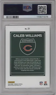 Caleb Williams from the 2024 Donruss set graded by PSA and given an overall grade of 10.