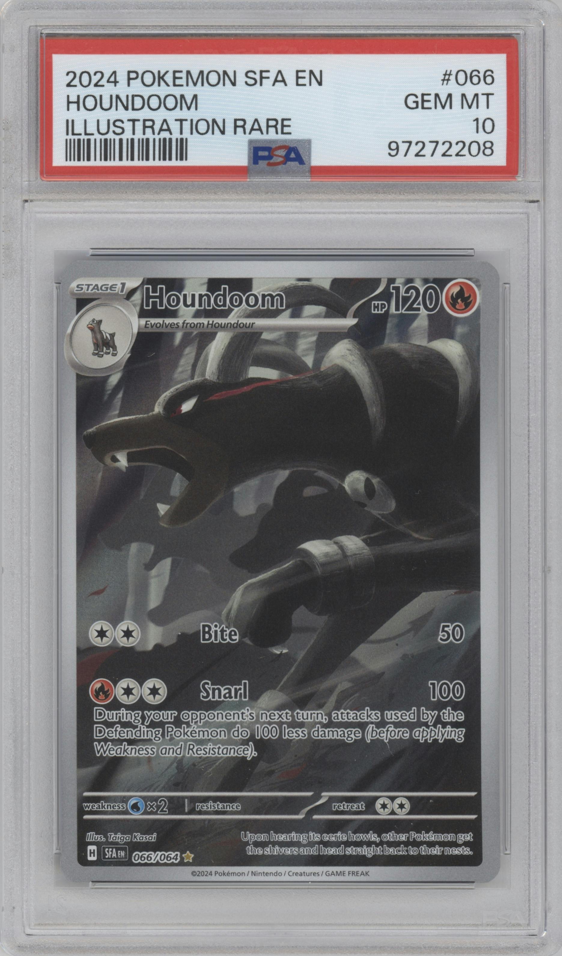 Houndoom from the 2024 Pokemon SV set graded by PSA and given an overall grade of 10.