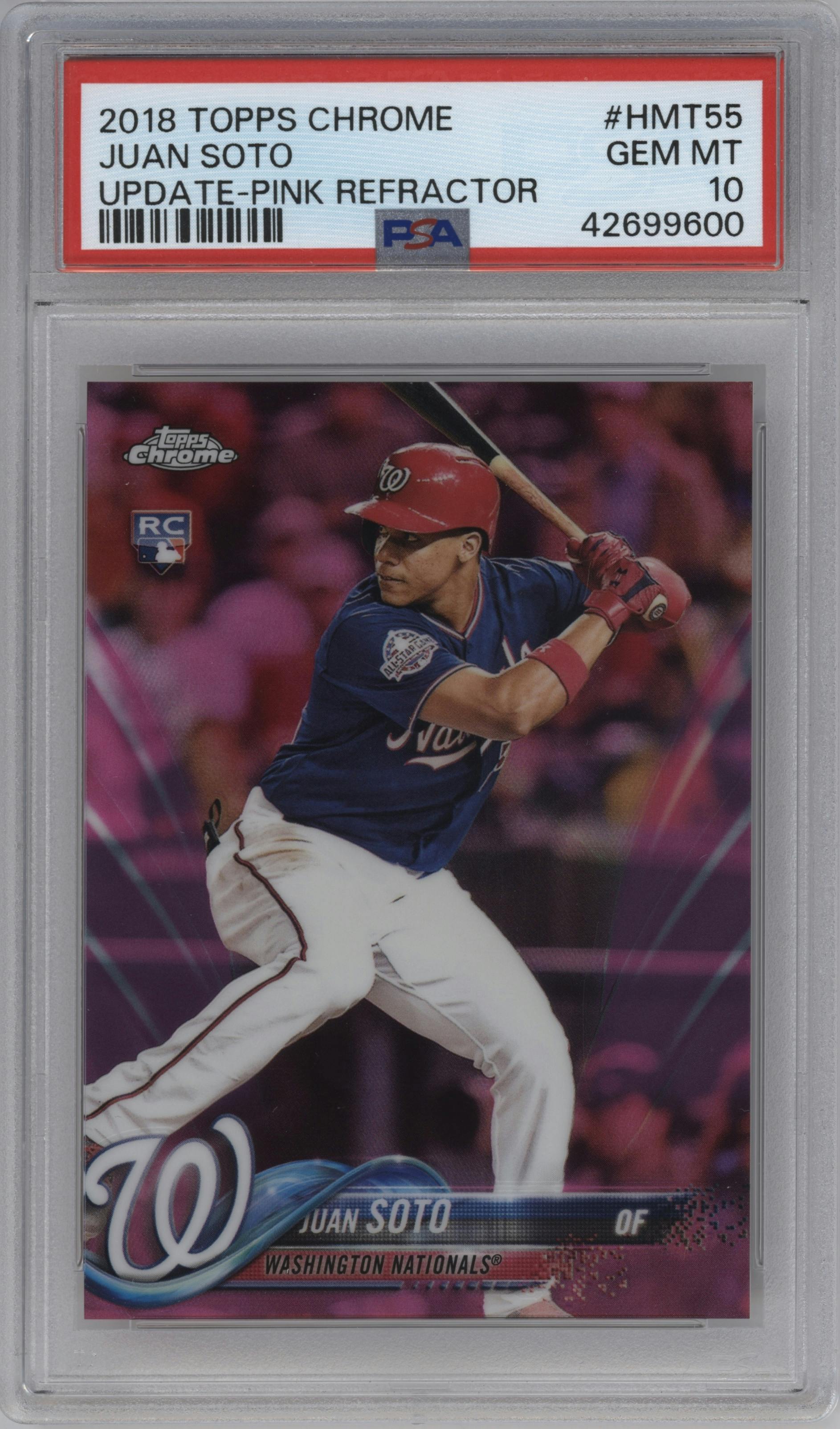 Juan Soto from the 2018 Topps Chrome Update  set featuring a Pink Refractor parallel graded by PSA and given an overall grade of 10.