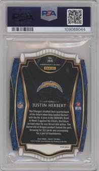Justin Herbert from the 2020 Panini Select set featuring a Die-Cut Red parallel graded by PSA and given an overall grade of 10.