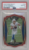 Justin Herbert from the 2020 Panini Select set featuring a Die-Cut Red parallel graded by PSA and given an overall grade of 10.
