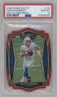 Justin Herbert from the 2020 Panini Select set featuring a Die-Cut Red parallel graded by PSA and given an overall grade of 10.