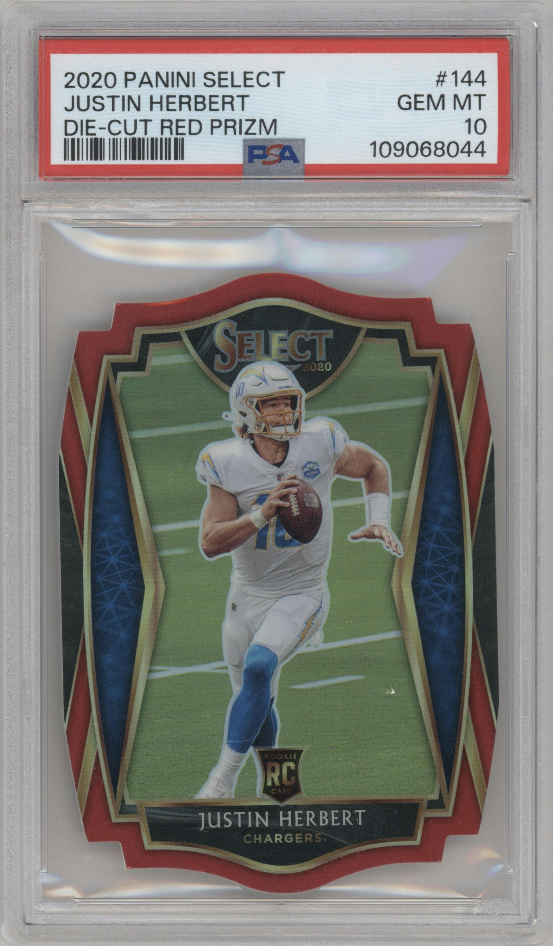 Justin Herbert from the 2020 Panini Select set featuring a Die-Cut Red parallel graded by PSA and given an overall grade of 10.