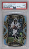 Jalen Hurts from the 2020 Panini Select set featuring a Die-Cut Light Blue parallel graded by PSA and given an overall grade of 9.