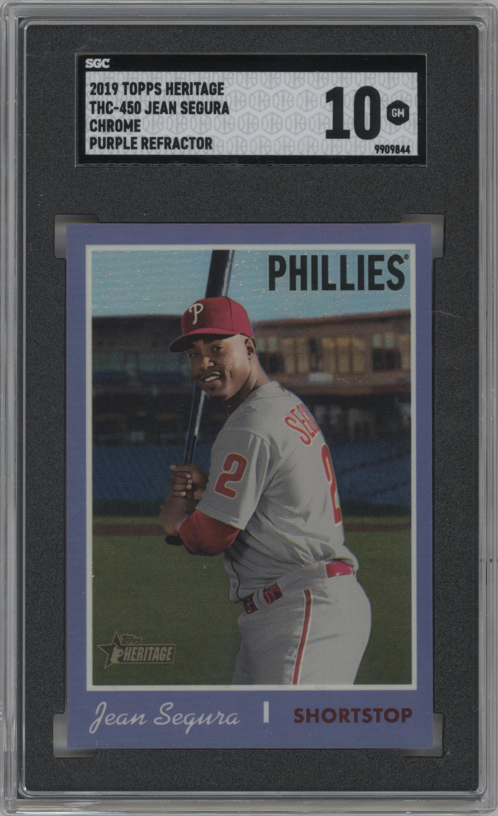 Jean Segura from the 2019 Topps Heritage set featuring a Purple Hot Box Refractor  parallel graded by SGC and given an overall grade of 10.