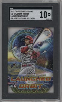 Jordan Walker from the 2023 Topps Cosmic Chrome set featuring a Gold Interstellar  parallel graded by SGC and given an overall grade of 10.